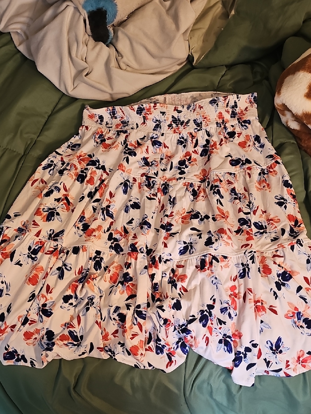 St. John's Bay Floral Tiered White Skirt with Navy & Coral Print